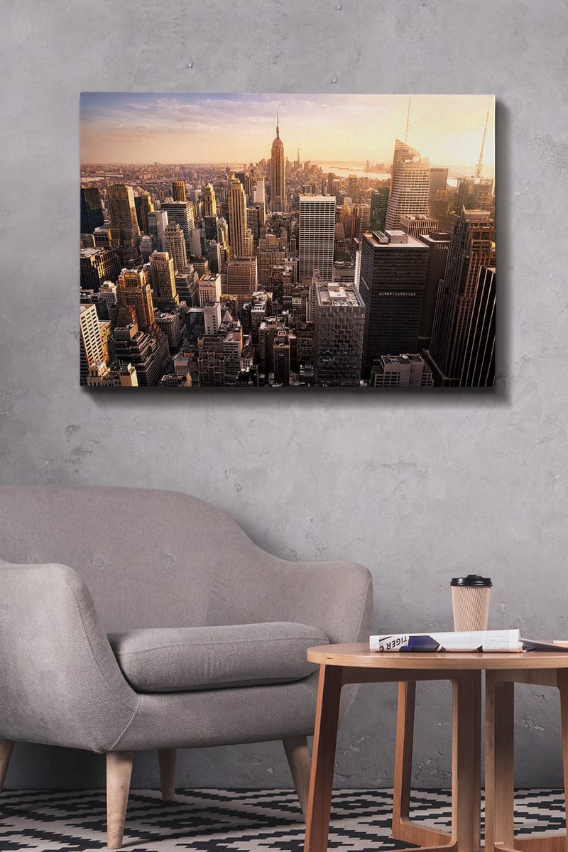Canvastavla 70x100 cm - Panoramavy av en stad med skyskrapor och den ikoniska Empire State Building i solnedgången - Guld / Grå / Blå - Inredning - Tavlor & konst - Canvastavlor