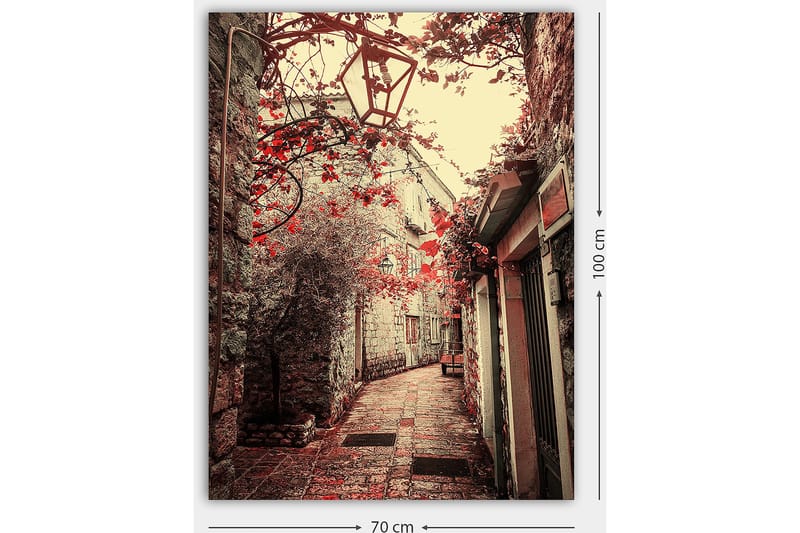 Canvastavla 70x100 cm - Pittoresk gränd kantad av gamla byggnader och blommor i röd nyans - Röd / Beige - Inredning - Tavlor & konst - Canvastavlor
