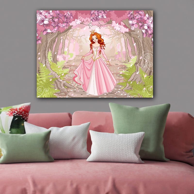 Canvastavla 70x100 cm - Prinsessa i en rosa klänning som promenerar genom en blomstrande skog - Rosa / Grönt / Brunt - Inredning - Tavlor & konst - Canvastavlor