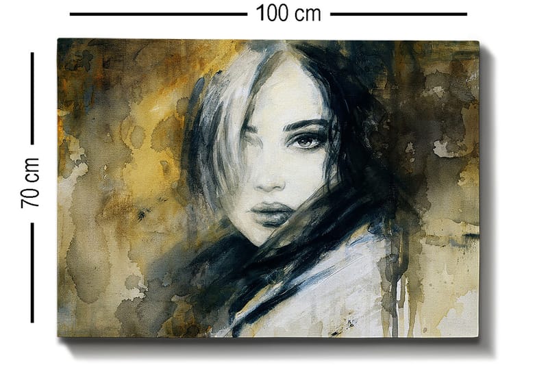 Canvastavla 70x100 cm - Porträtt av en kvinna med en mystisk och intensiv blick - Mörkblå / Beige / Vit - Inredning - Tavlor & konst - Canvastavlor