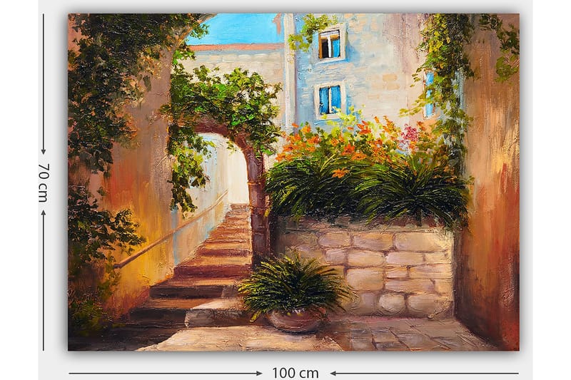 Canvastavla 70x100 cm - Pittoresk gränd med trappor omgiven av grönska och blommor - Grön / Beige / Orange - Inredning - Tavlor & konst - Canvastavlor