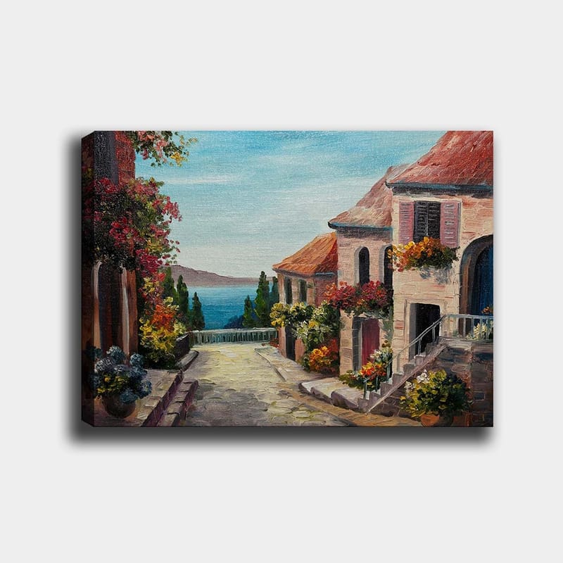 Canvastavla 70x100 cm - Pittoresk gata med blommor och hus vid havet, Blå / Terrakotta / Grön