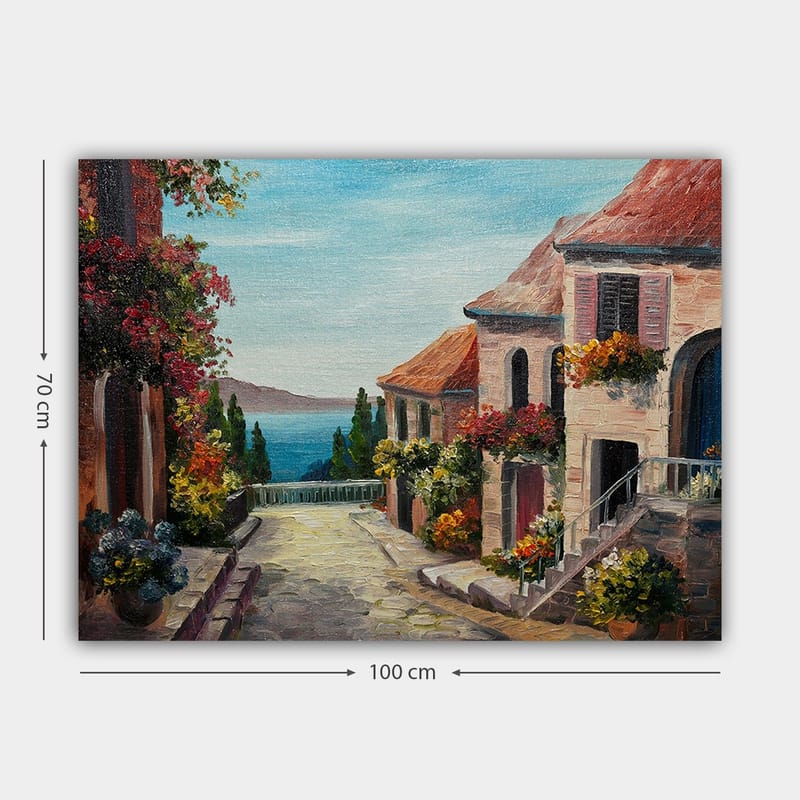 Canvastavla 70x100 cm - Pittoresk gata med blommor och hus vid havet - Blå / Terrakotta / Grön - Inredning - Tavlor & konst - Canvastavlor