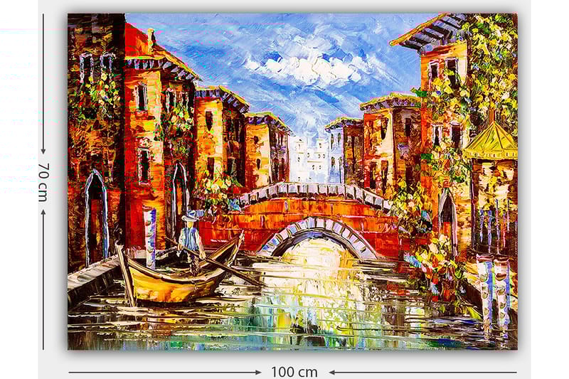 Canvastavla 70x100 cm - Pittoresk kanal med färgglada byggnader och en båt som glider fram under en bro - Orange / Blå / Grön - Inredning - Tavlor & konst - Canvastavlor