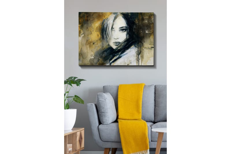 Canvastavla 70x100 cm - Porträtt av en kvinna med en mystisk och intensiv blick - Mörkblå / Beige / Vit - Inredning - Tavlor & konst - Canvastavlor