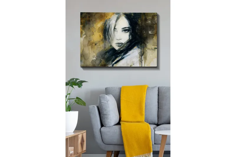 Canvastavla 70x100 cm - Porträtt av en kvinna med en mystisk och intensiv blick - Mörkblå / Beige / Vit - Inredning - Tavlor & konst - Canvastavlor