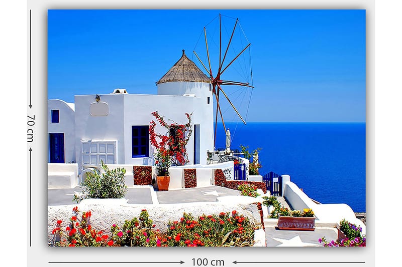 Canvastavla 70x100 cm - Pittoresk vy av en vitkalkad byggnad med en traditionell vindmölla och färgglada blommor i Santorini - Vit / Blå / Röd - Inredning - Tavlor & konst - Canvastavlor