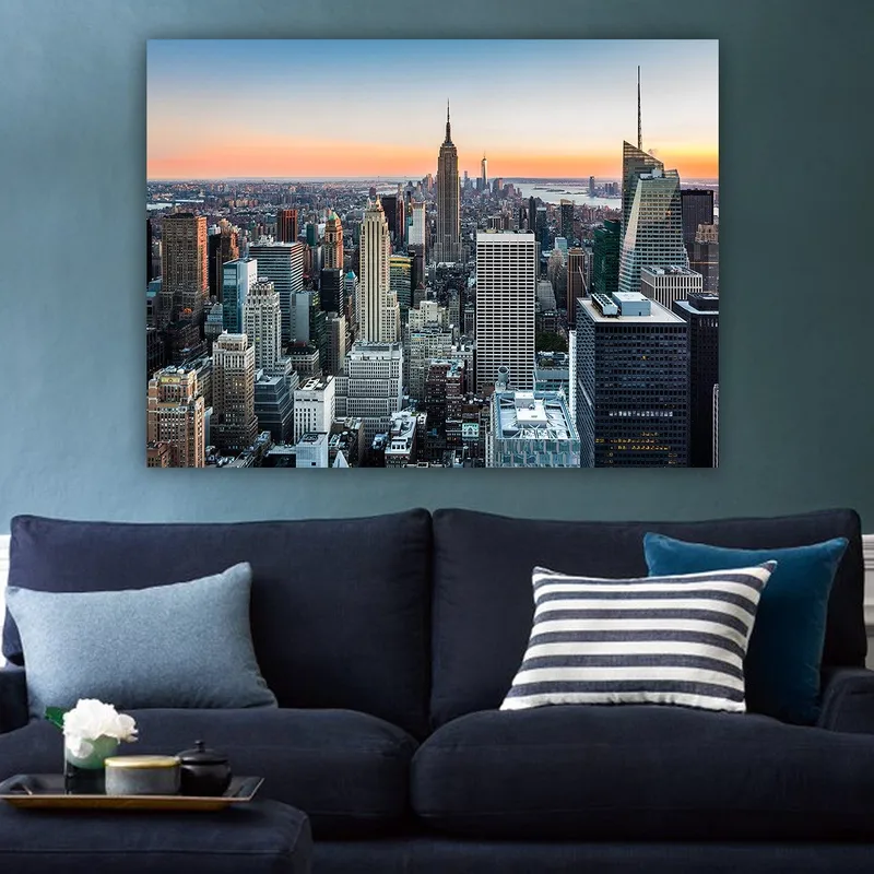 Canvastavla 70x100 cm - Panoramavy av New York City med ikoniska skyskrapor i solnedgångens ljus - Blå / Grå / Orange - Inredning - Tavlor & konst - Canvastavlor