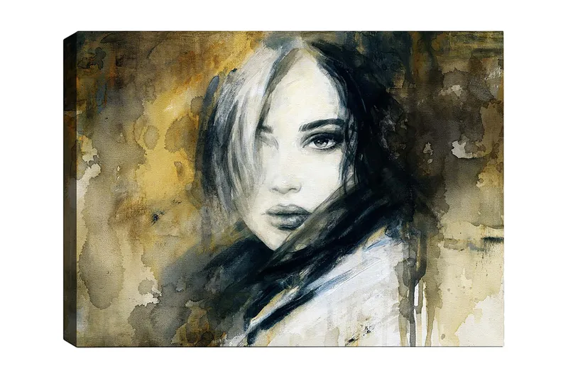 Canvastavla 70x100 cm - Porträtt av en kvinna med en mystisk och intensiv blick - Mörkblå / Beige / Vit - Inredning - Tavlor & konst - Canvastavlor