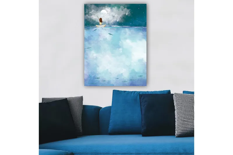 Canvastavla 70x100 cm - Person sitter i en båt under en stjärnklar natt med en stor måne ovanför - Mörkblå / Ljusblå / Vit - Inredning - Tavlor & konst - Canvastavlor