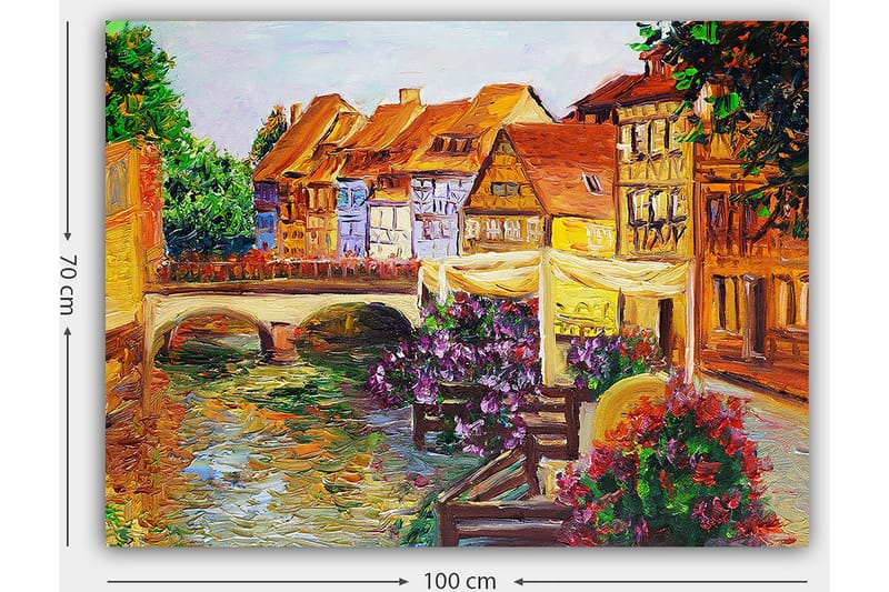 Canvastavla 70x100 cm - Pittoresk kanal med färgglada hus och blommor som pryder kanten - Grön / Lila / Orange - Inredning - Tavlor & konst - Canvastavlor