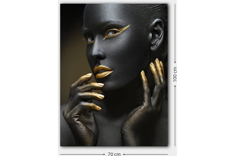 Canvastavla 70x100 cm - Porträtt av en kvinna med svart ansiktsmålning och guldiga detaljer - Svart / Guld - Inredning - Tavlor & konst - Canvastavlor