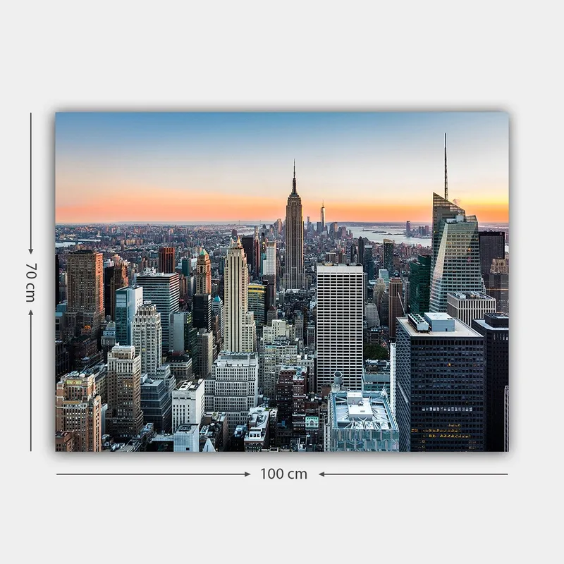 Canvastavla 70x100 cm - Panoramavy av New York City med ikoniska skyskrapor i solnedgångens ljus - Blå / Grå / Orange - Inredning - Tavlor & konst - Canvastavlor