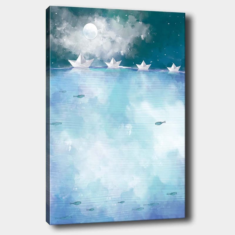 Canvastavla 70x100 cm - Pappersbåtar som seglar på en lugn, blå sjö under en stjärnklar natt med en måne, Ljusblå / Turkos / Vit