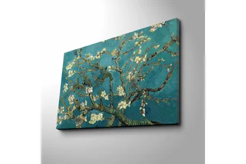 Canvastavla 70x45 cm - Blommande kvistar mot en turkos bakgrund - Turkos / Vit / Mörkgrön - Inredning - Tavlor & konst - Canvastavlor