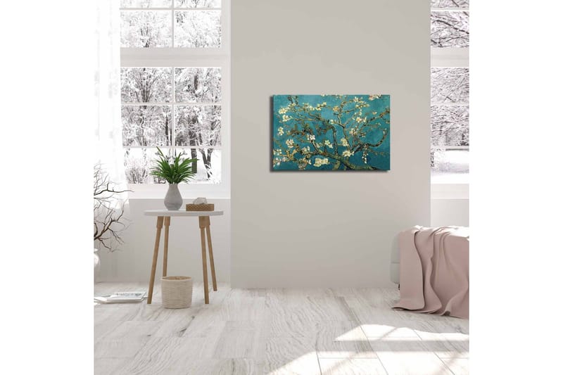Canvastavla 70x45 cm - Blommande kvistar mot en turkos bakgrund - Turkos / Vit / Mörkgrön - Inredning - Tavlor & konst - Canvastavlor