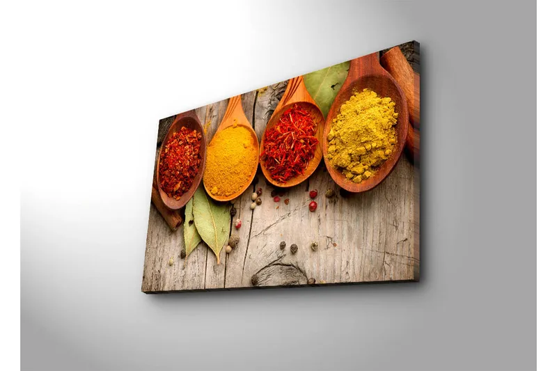 Canvastavla 70x45 cm - Färgglada kryddor i träskedar - Röd / Gul / Orange - Inredning - Tavlor & konst - Canvastavlor