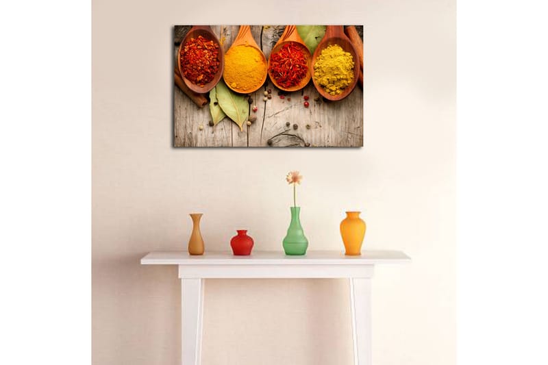 Canvastavla 70x45 cm - Färgglada kryddor i träskedar - Röd / Gul / Orange - Inredning - Tavlor & konst - Canvastavlor