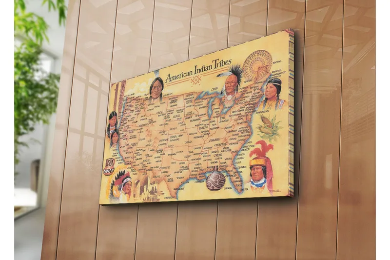 Canvastavla 70x45 cm - Karta över amerikanska indianstammar med porträtt av olika stammar - Gul / Brun / Röd - Inredning - Tavlor & konst - Canvastavlor