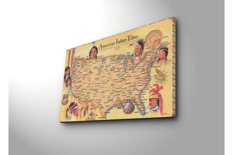 Canvastavla 70x45 cm - Karta över amerikanska indianstammar med porträtt av olika stammar - Gul / Brun / Röd - Inredning - Tavlor & konst - Canvastavlor