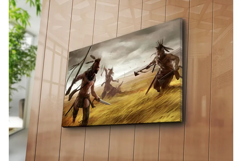 Canvastavla 70x45 cm - Krigare i en gyllene grässlätt i aktion - Guld / Brunt / Grått - Inredning - Tavlor & konst - Canvastavlor