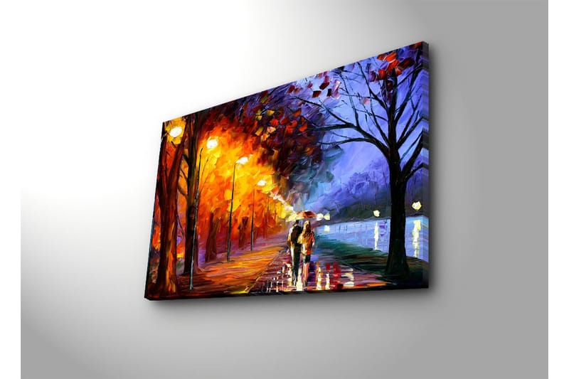 Canvastavla 70x45 cm - Romantisk promenad under regn med paraplyer i en färgglad höstmiljö - Orange / Blå / Gul - Inredning - Tavlor & konst - Canvastavlor