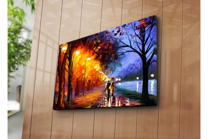 Canvastavla 70x45 cm - Romantisk promenad under regn med paraplyer i en färgglad höstmiljö - Orange / Blå / Gul - Inredning - Tavlor & konst - Canvastavlor