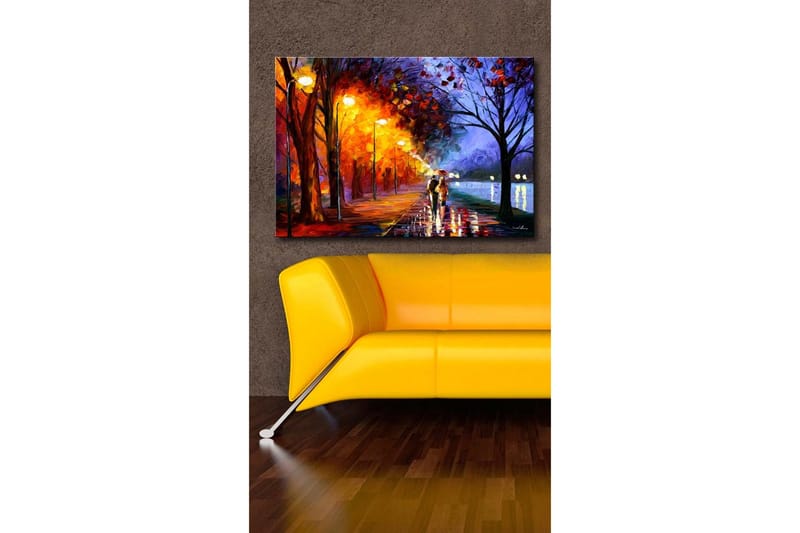 Canvastavla 70x45 cm - Romantisk promenad under regn med paraplyer i en färgglad höstmiljö - Orange / Blå / Gul - Inredning - Tavlor & konst - Canvastavlor