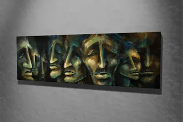 Canvastavla 80x30 cm - Abstrakt komposition av ansikten med uttrycksfulla drag - Mörkblå / Grön / Beige - Inredning - Tavlor & konst - Canvastavlor