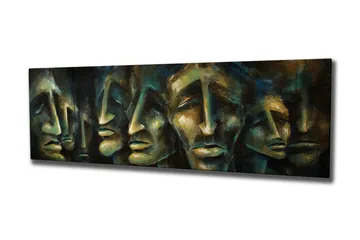 Canvastavla 80x30 cm - Abstrakt komposition av ansikten med uttrycksfulla drag - Mörkblå / Grön / Beige - Inredning - Tavlor & konst - Canvastavlor
