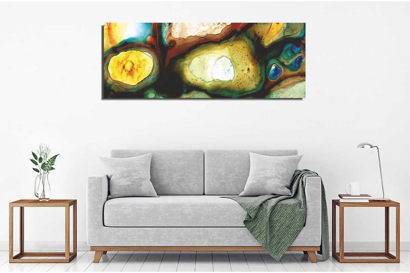 Canvastavla 80x30 cm - Abstrakt komposition med organiska former och färgade inslag - Grön / Gul / Blå - Inredning - Tavlor & konst - Canvastavlor