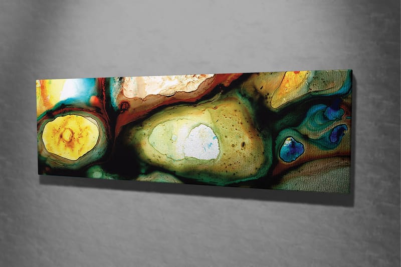 Canvastavla 80x30 cm - Abstrakt komposition med organiska former och färgade inslag - Grön / Gul / Blå - Inredning - Tavlor & konst - Canvastavlor