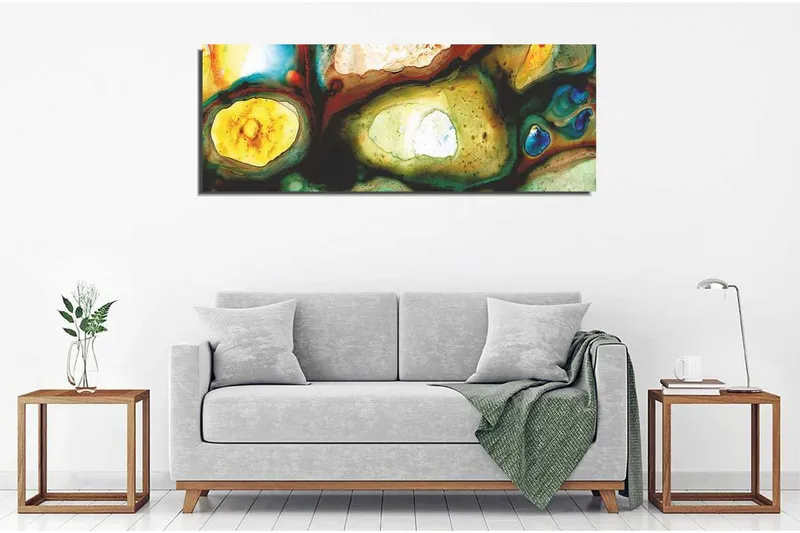 Canvastavla 80x30 cm - Abstrakt komposition med organiska former och färgade inslag - Grön / Gul / Blå - Inredning - Tavlor & konst - Canvastavlor