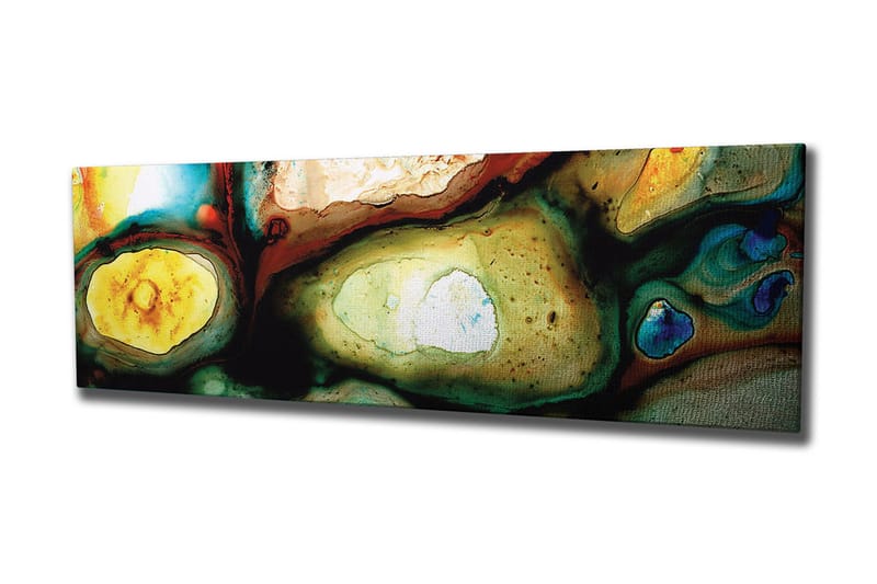 Canvastavla 80x30 cm - Abstrakt komposition med organiska former och färgade inslag - Grön / Gul / Blå - Inredning - Tavlor & konst - Canvastavlor