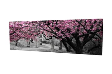 Canvastavla 80x30 cm - Blommande körsbärsträd i svartvitt landskap - Rosa / Svart - Inredning - Tavlor & konst - Canvastavlor