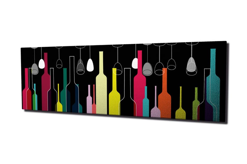 Canvastavla 80x30 cm - Färgglada flaskor och vinglas mot en svart bakgrund - Rosa / Gul / Turkos - Inredning - Tavlor & konst - Canvastavlor