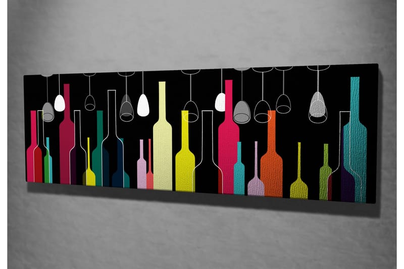 Canvastavla 80x30 cm - Färgglada flaskor och vinglas mot en svart bakgrund - Rosa / Gul / Turkos - Inredning - Tavlor & konst - Canvastavlor