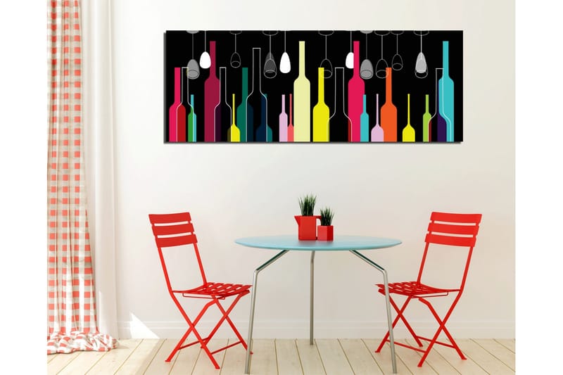 Canvastavla 80x30 cm - Färgglada flaskor och vinglas mot en svart bakgrund - Rosa / Gul / Turkos - Inredning - Tavlor & konst - Canvastavlor