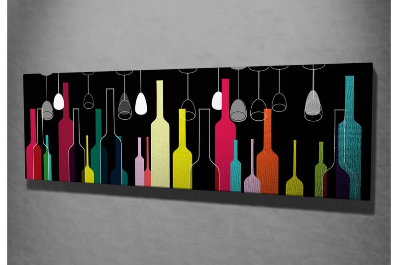 Canvastavla 80x30 cm - Färgglada flaskor och vinglas mot en svart bakgrund - Rosa / Gul / Turkos - Inredning - Tavlor & konst - Canvastavlor