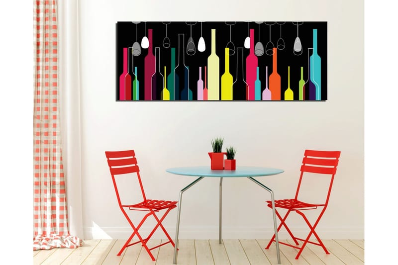 Canvastavla 80x30 cm - Färgglada flaskor och vinglas mot en svart bakgrund - Rosa / Gul / Turkos - Inredning - Tavlor & konst - Canvastavlor