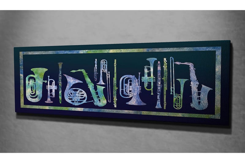 Canvastavla 80x30 cm - Komposition av olika blåsinstrument i abstrakt stil - Mörkblå / Ljusgrön / Vit - Inredning - Tavlor & konst - Canvastavlor