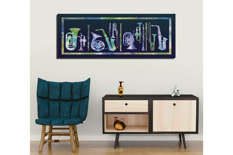 Canvastavla 80x30 cm - Komposition av olika blåsinstrument i abstrakt stil - Mörkblå / Ljusgrön / Vit - Inredning - Tavlor & konst - Canvastavlor