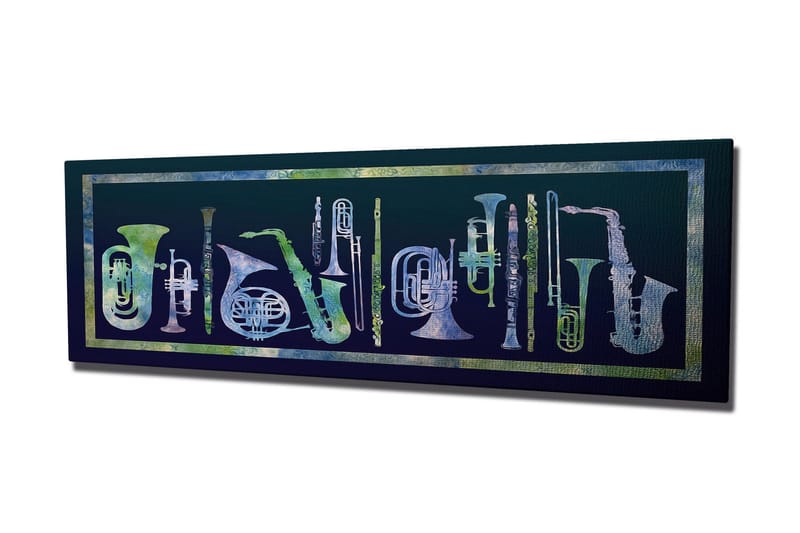 Canvastavla 80x30 cm - Komposition av olika blåsinstrument i abstrakt stil - Mörkblå / Ljusgrön / Vit - Inredning - Tavlor & konst - Canvastavlor