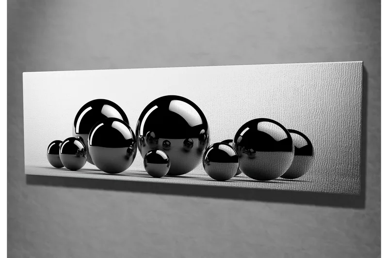 Canvastavla 80x30 cm - Reflekterande svarta sfärer i varierande storlekar - Svart / Grå - Inredning - Tavlor & konst - Canvastavlor
