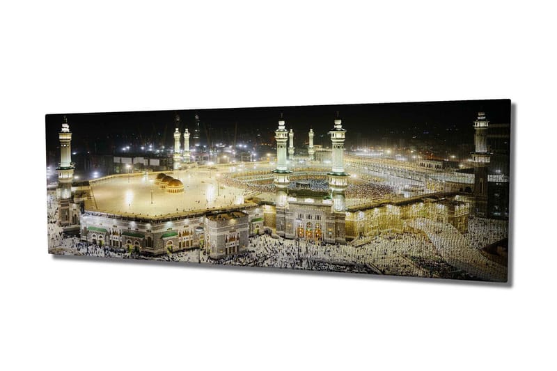 Canvastavla 80x30 cm - Storslagen vy över den heliga platsen i Mecka vid nattens ljus, Guld / Grön / Svart