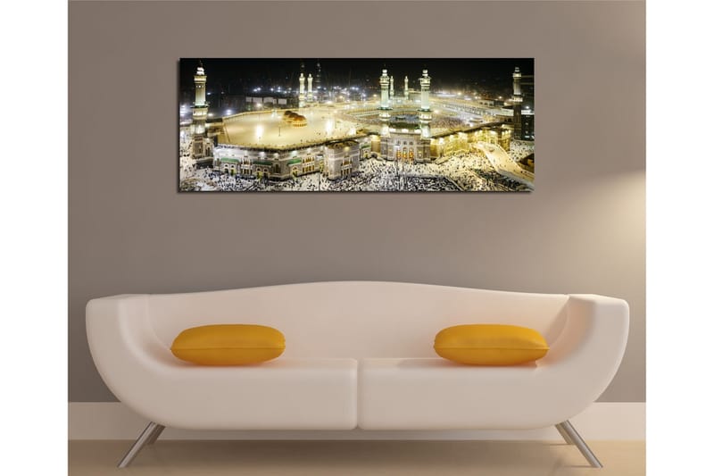 Canvastavla 80x30 cm - Storslagen vy över den heliga platsen i Mecka vid nattens ljus - Guld / Grön / Svart - Inredning - Tavlor & konst - Canvastavlor