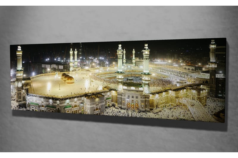 Canvastavla 80x30 cm - Storslagen vy över den heliga platsen i Mecka vid nattens ljus - Guld / Grön / Svart - Inredning - Tavlor & konst - Canvastavlor
