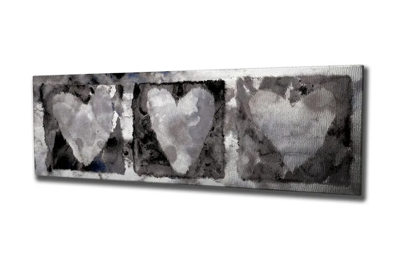 Canvastavla 80x30 cm - Tre hjärtan i mjuka gråtoner - Grå / Vit / Svart - Inredning - Tavlor & konst - Canvastavlor