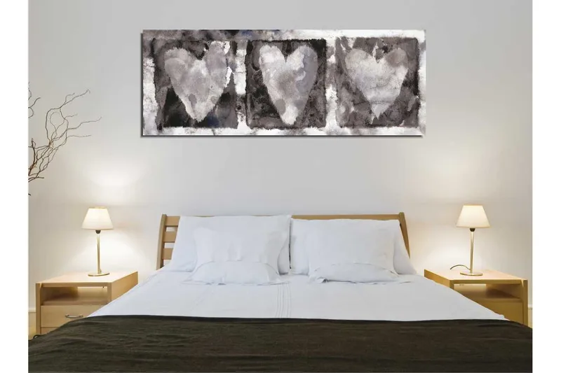 Canvastavla 80x30 cm - Tre hjärtan i mjuka gråtoner - Grå / Vit / Svart - Inredning - Tavlor & konst - Canvastavlor