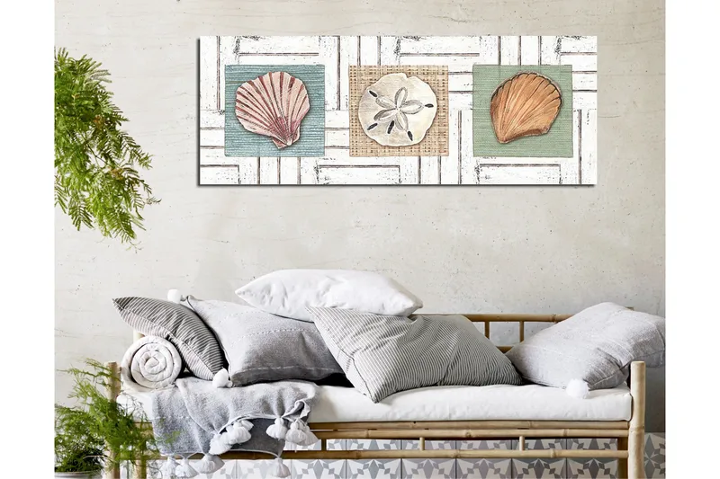 Canvastavla 80x30 cm - Tre olika snäckor på färgade bakgrunder - Grön / Beige / Rosa - Inredning - Tavlor & konst - Canvastavlor